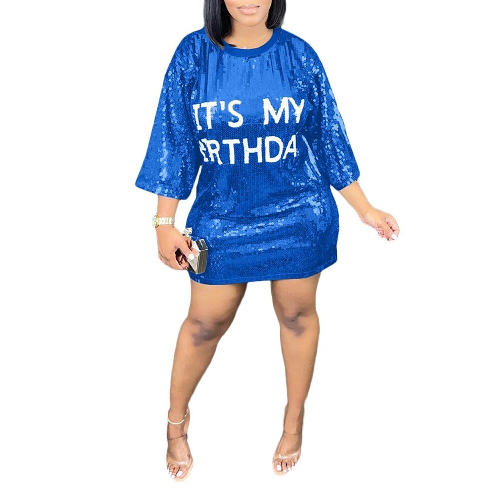 8686 Its My Birthday Dress Birthday Sequin Shirt Dress Letter Print 3/4